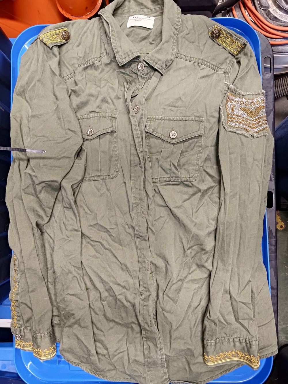 torrid Olive Green Military-Style Button Down with Gold Embroidery